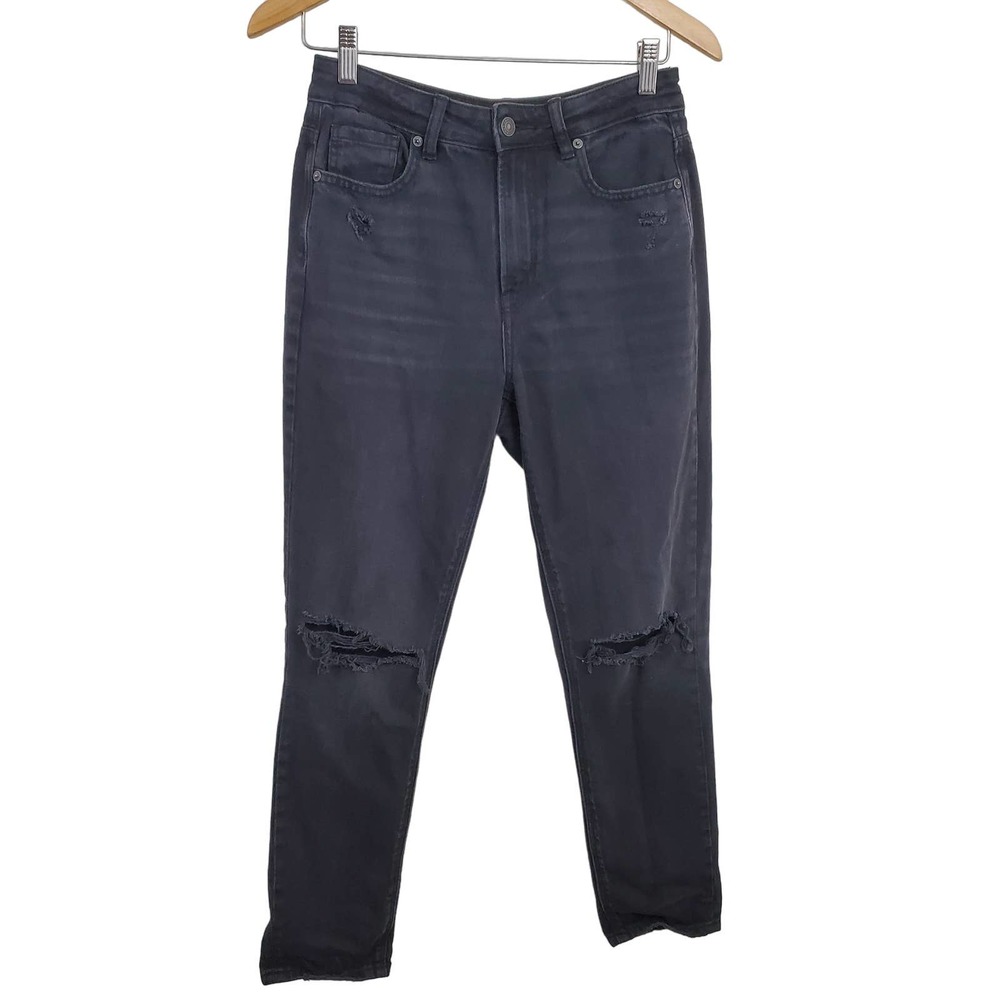 AMERICAN EAGLE | MOM JEAN BLACK WASHED DISTRESSED WHISKERING JEANS WOMEN SIZE 2